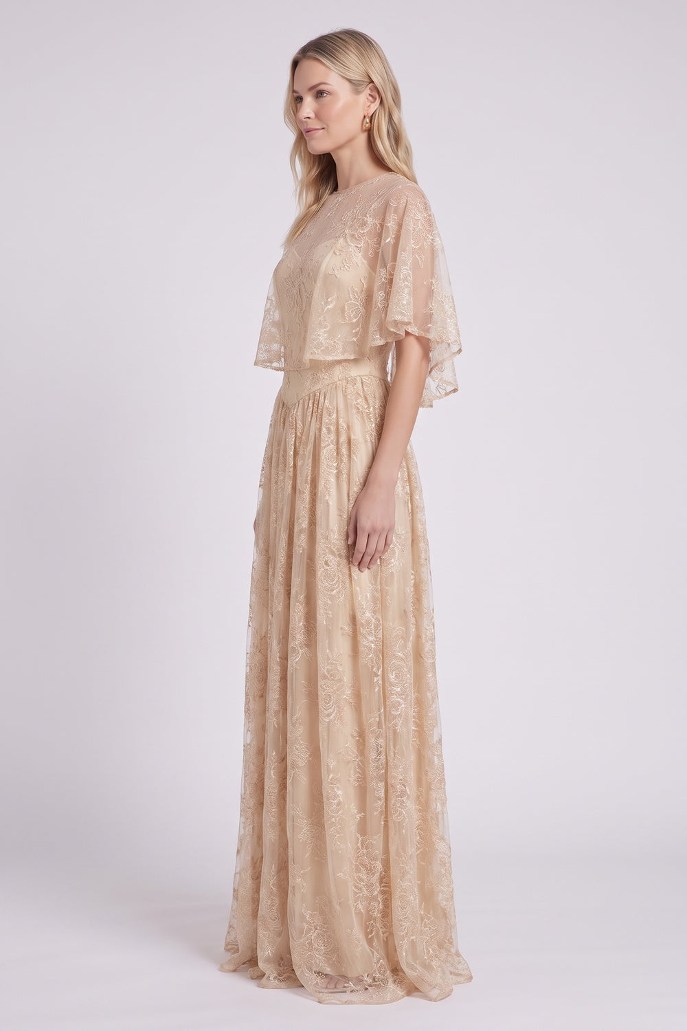 Champagne Embroidered Floral Lace A-Line Layered Maxi Dress champagne, beige embroidered floral lace layered lace maxi dress - product view 5