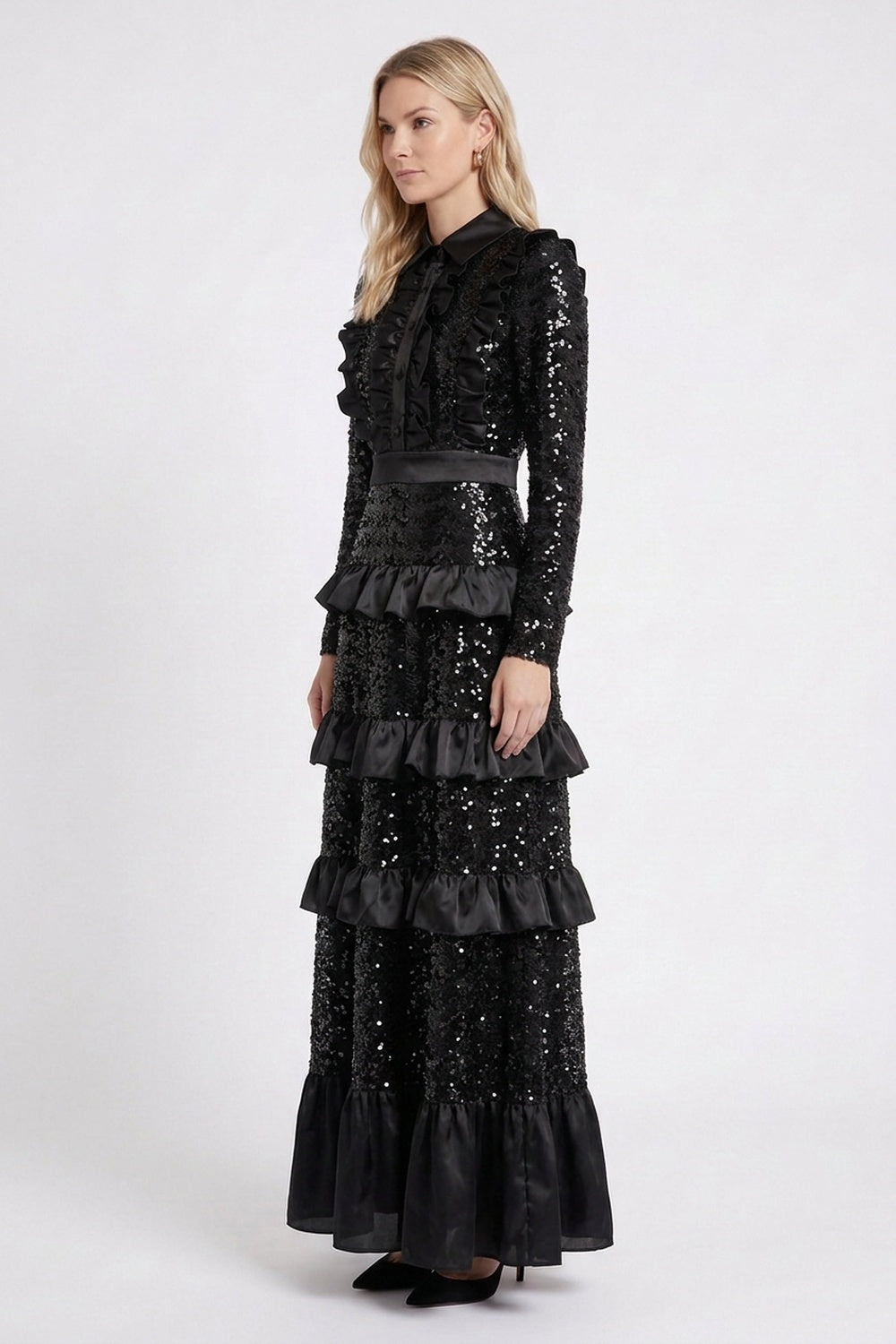 Black Sequined Mesh Tiered A-Line Maxi Dress black sequined mesh maxi dress - product view 5