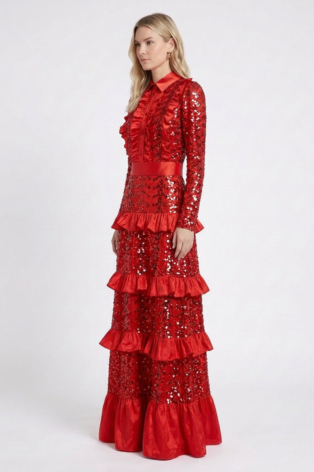 Red Sequined Mesh Tiered A-Line Gown red sequined mesh gown - product view 5
