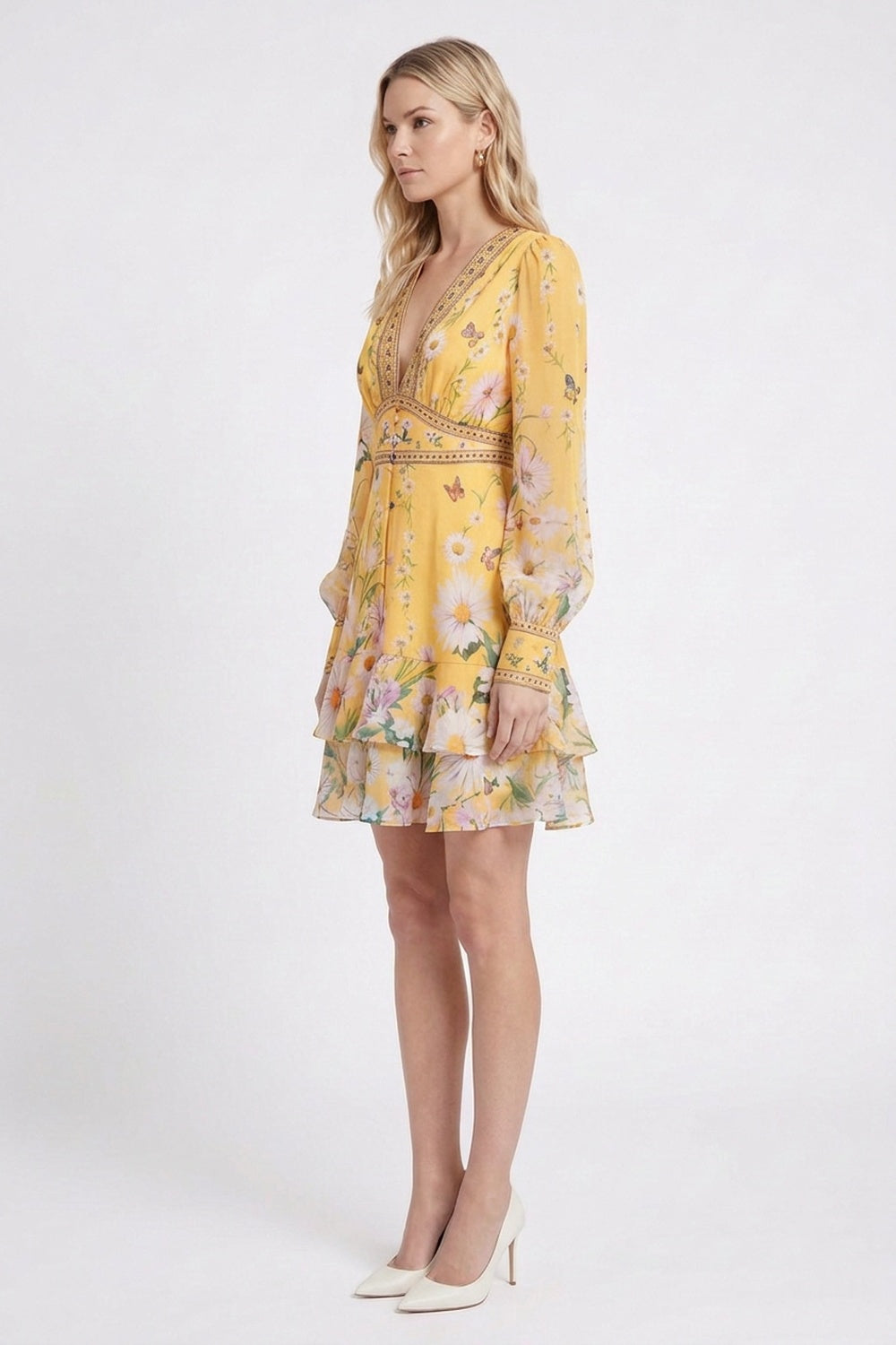 Yellow Chiffon Fit-and-Flare Dress with Floral and Butterfly Print yellow chiffon dress - product view 5