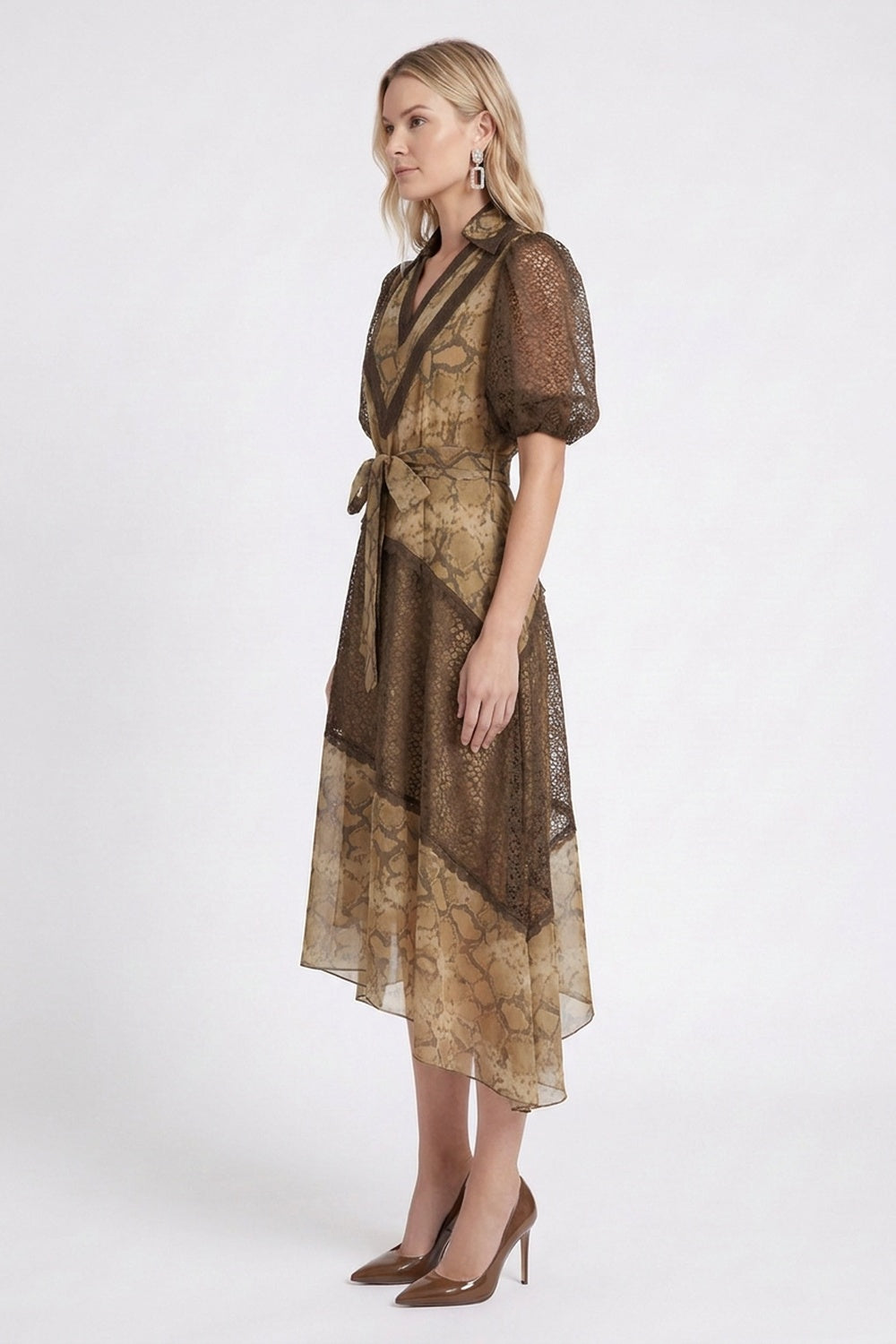 Beige Chiffon A-Line Asymmetric Tiered Snakeskin Midi Dress beige, brown, tan chiffon dress - product view 5
