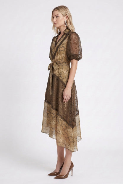 Beige Chiffon A-Line Asymmetric Tiered Snakeskin Midi Dress beige, brown, tan chiffon dress - product view 5