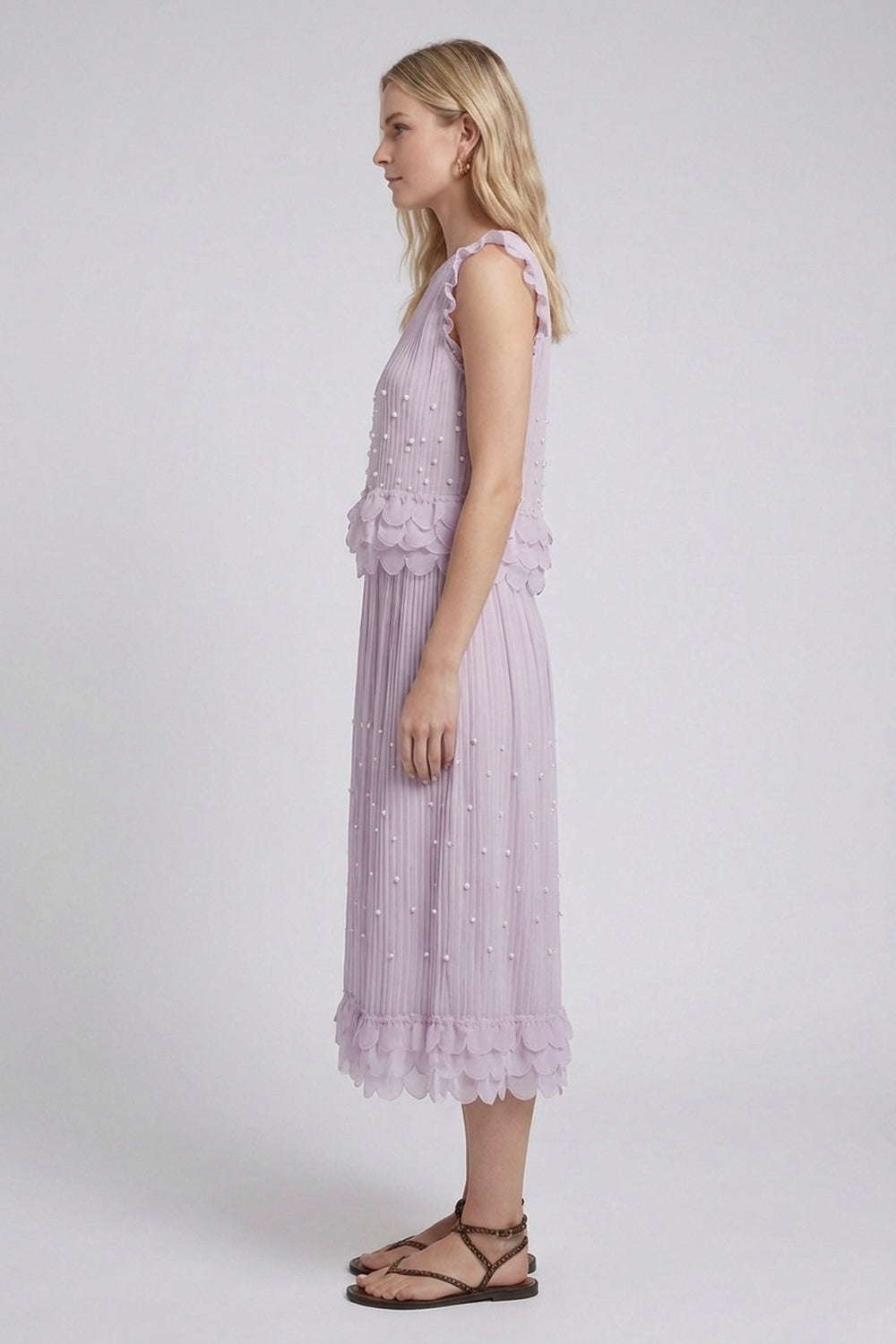 Lavender Pleated Chiffon Two-Piece Set: Relaxed Sleeveless Top & A-Line Midi Skirt lavender lightweight pleated chiffon two-piece set - product view 5
