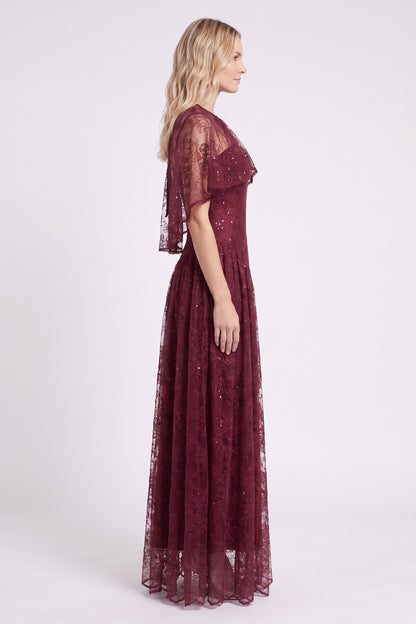 Burgundy Floral Lace A-Line Maxi Dress with Capelet Overlay burgundy floral lace maxi dress with capelet overlay - product view 5