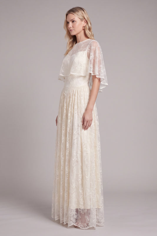 Cream Floral Lace A-Line Dress with Capelet Overlay cream floral lace dress with capelet overlay - product view 5