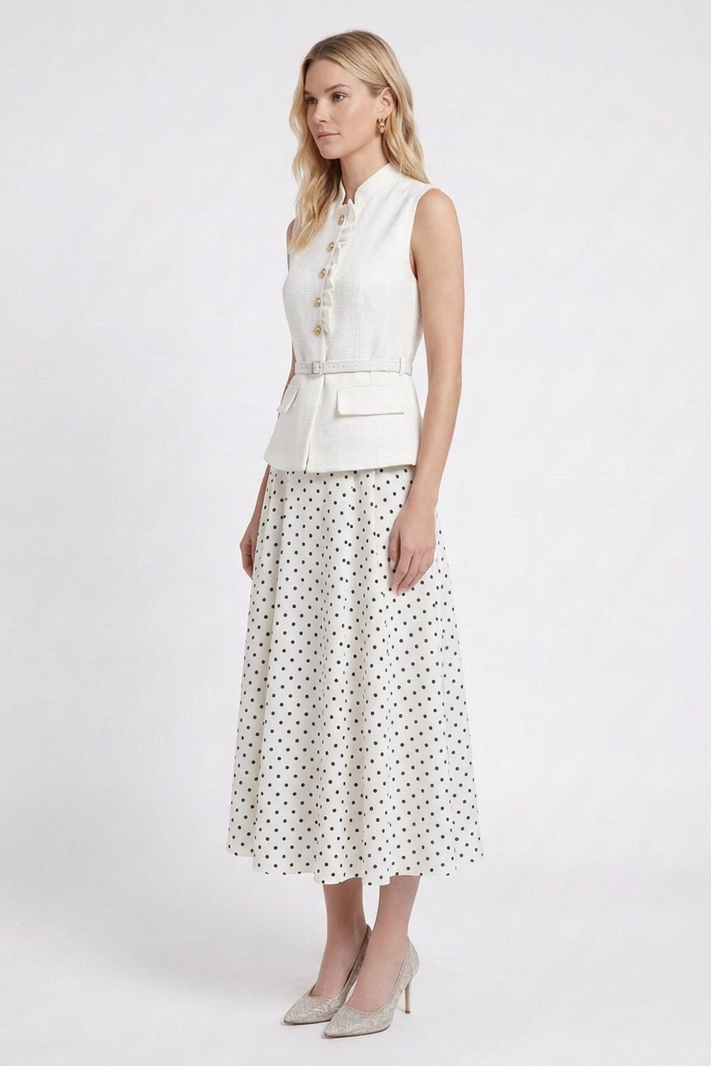 White Structured Woven Fitted Peplum Top & Flared A-Line Midi Skirt Two-Piece Set white structured woven cotton-blend two-piece set - product view 4