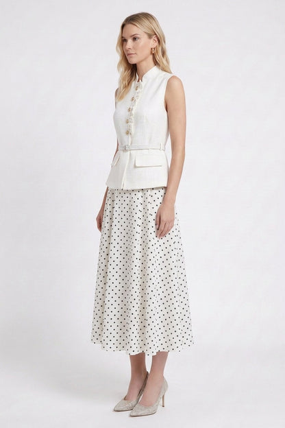 White Structured Woven Fitted Peplum Top & Flared A-Line Midi Skirt Two-Piece Set white structured woven cotton-blend two-piece set - product view 4