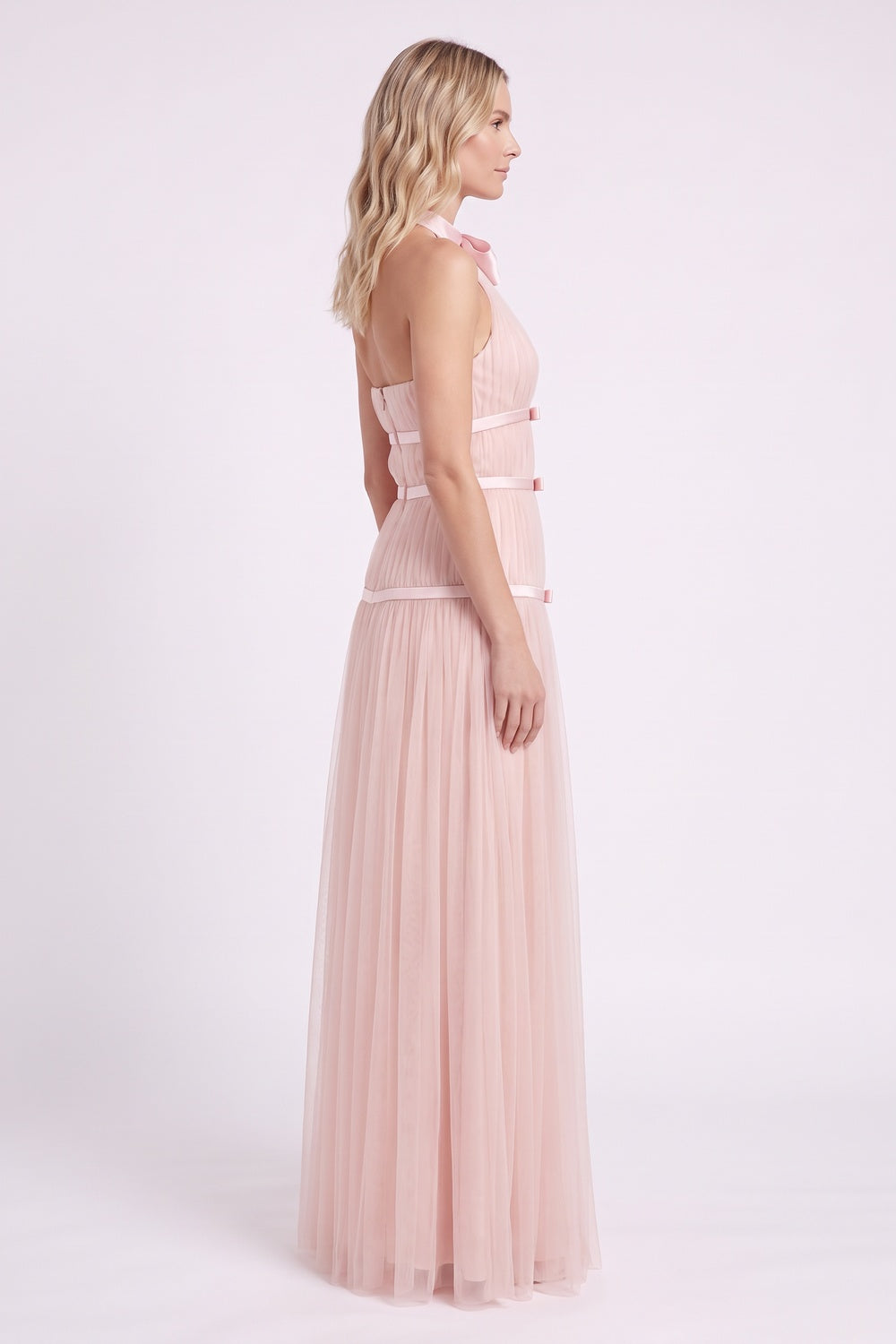 Light Pink Tulle A-Line Maxi Gown with Halter Bow Detail light pink tulle gown - product view 5