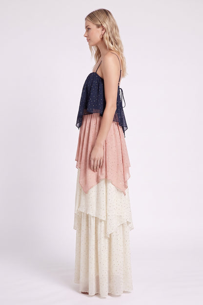 Navy Blue, Dusty Pink & Cream Chiffon A-Line Tiered Maxi Dress navy blue, dusty pink, cream chiffon dress - product view 5