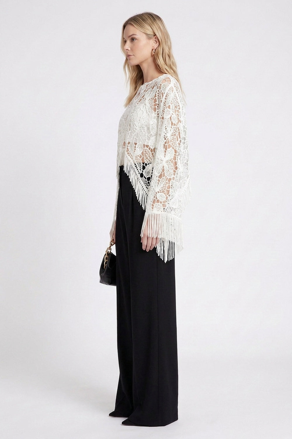 White Guipure Lace Fringe Poncho Top with Black Wide-Leg Trousers Set white, black guipure lace (top), woven crepe (trousers) two-piece set (poncho top and wide-leg trousers) - product view 5