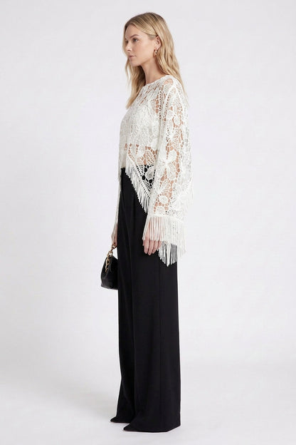 White Guipure Lace Fringe Poncho Top with Black Wide-Leg Trousers Set white, black guipure lace (top), woven crepe (trousers) two-piece set (poncho top and wide-leg trousers) - product view 5