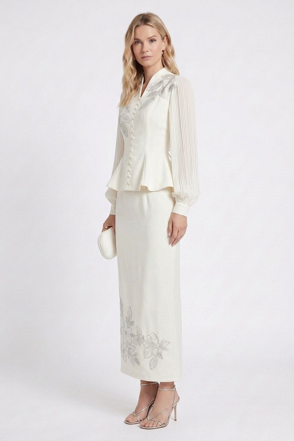 Off-White Structured Crepe Peplum Top & Column Maxi Skirt Two-Piece Set off-white structured crepe two-piece set - product view 5