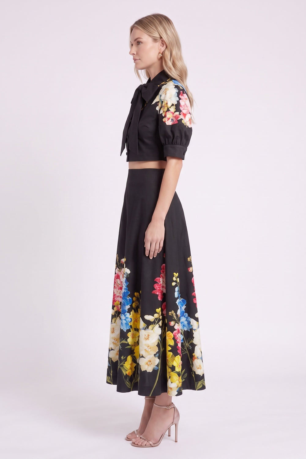 Black Floral Print Structured Two-Piece Set with Puff Sleeve Blouse and Midi Skirt black structured woven cotton or linen blend two-piece set - product view 5