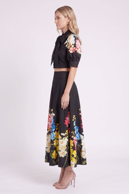 Black Floral Print Structured Two-Piece Set with Puff Sleeve Blouse and Midi Skirt black structured woven cotton or linen blend two-piece set - product view 5