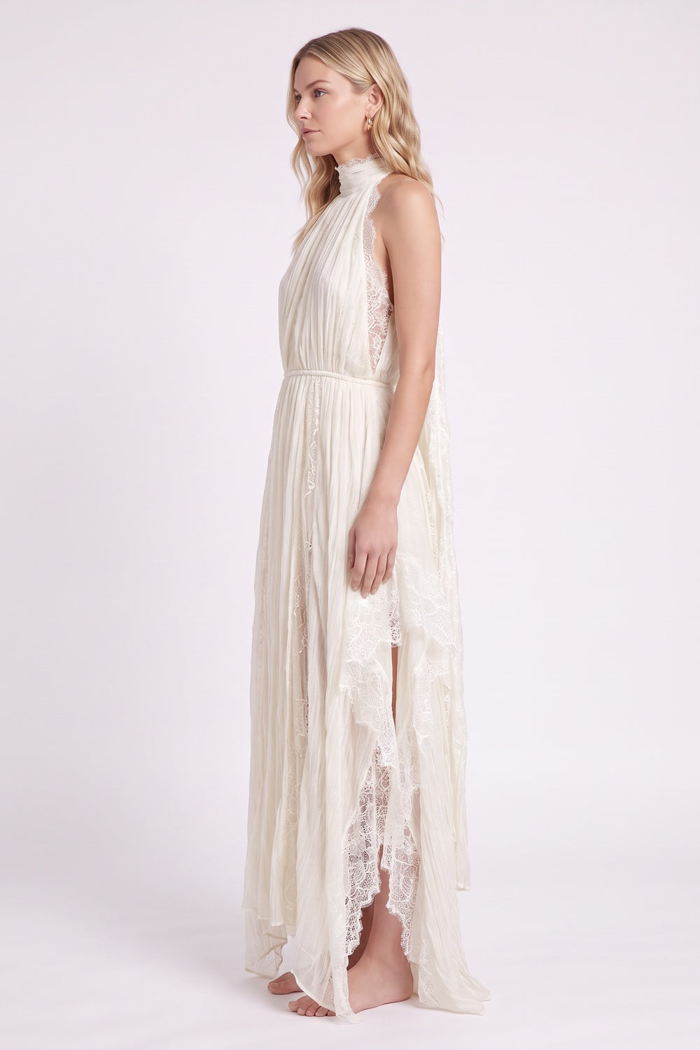 Ivory Crinkled Chiffon A-Line Maxi Dress with Lace Panels ivory crinkled chiffon dress - product view 5