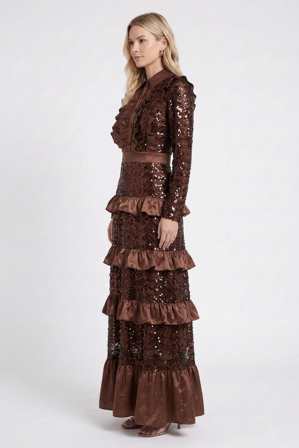 Dark Brown Sequined Mesh Tiered A-Line Maxi Dress dark brown sequined mesh dress - product view 5