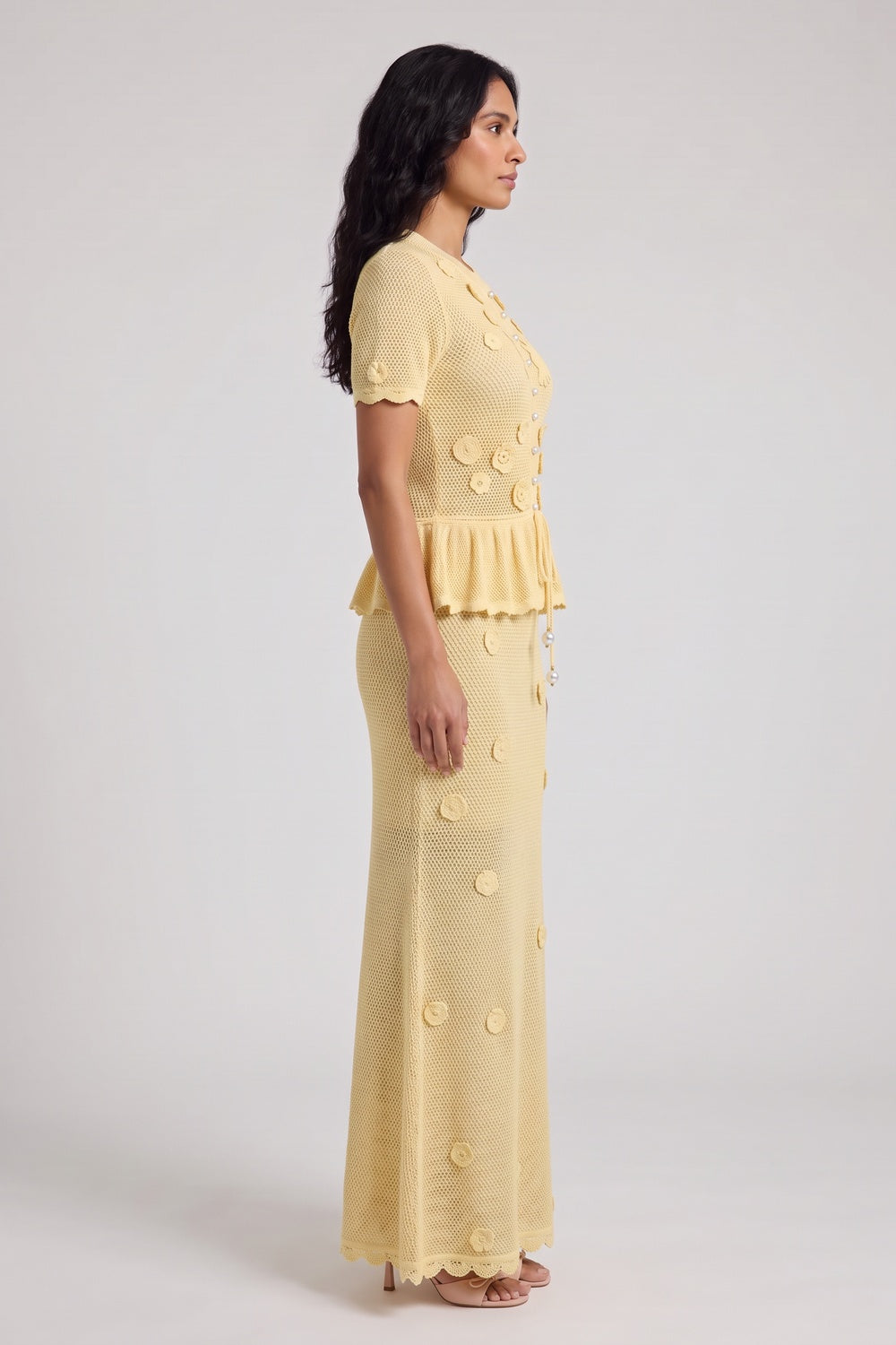 Pale Yellow Pointelle Knit Peplum Top & Maxi Skirt Two-Piece Set pale yellow pointelle knit two-piece knit set - product view 5
