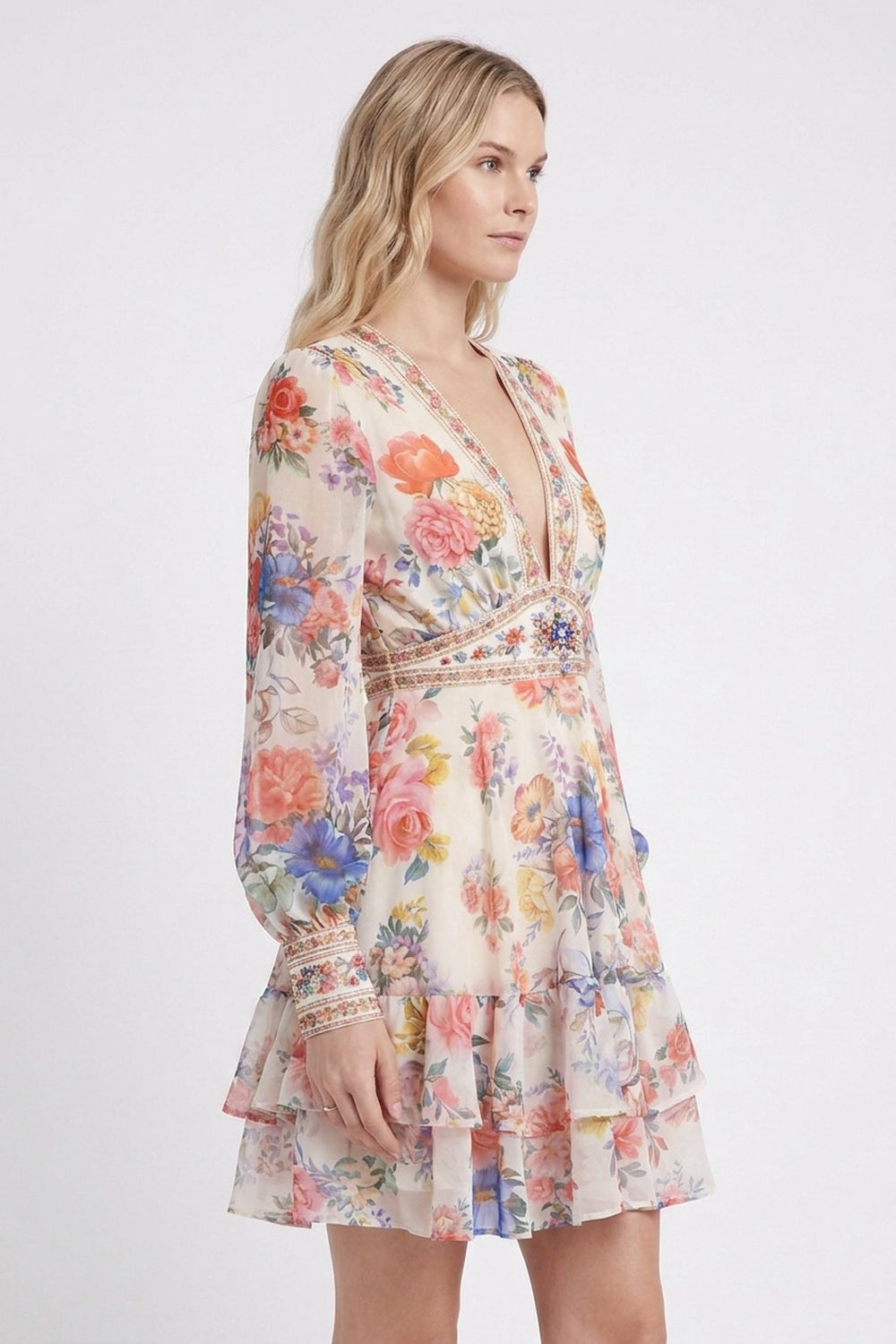 Cream Floral Chiffon Tiered Mini Dress cream, off-white chiffon dress - product view 5