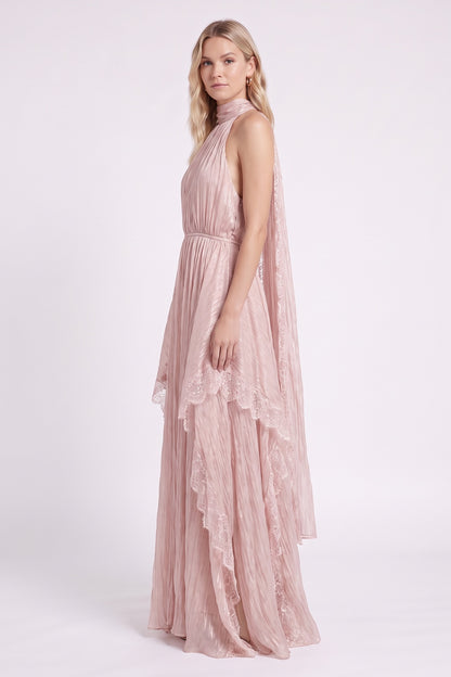 dusty pink crinkled chiffon a-line dress dusty pink crinkled chiffon dress - product view 5