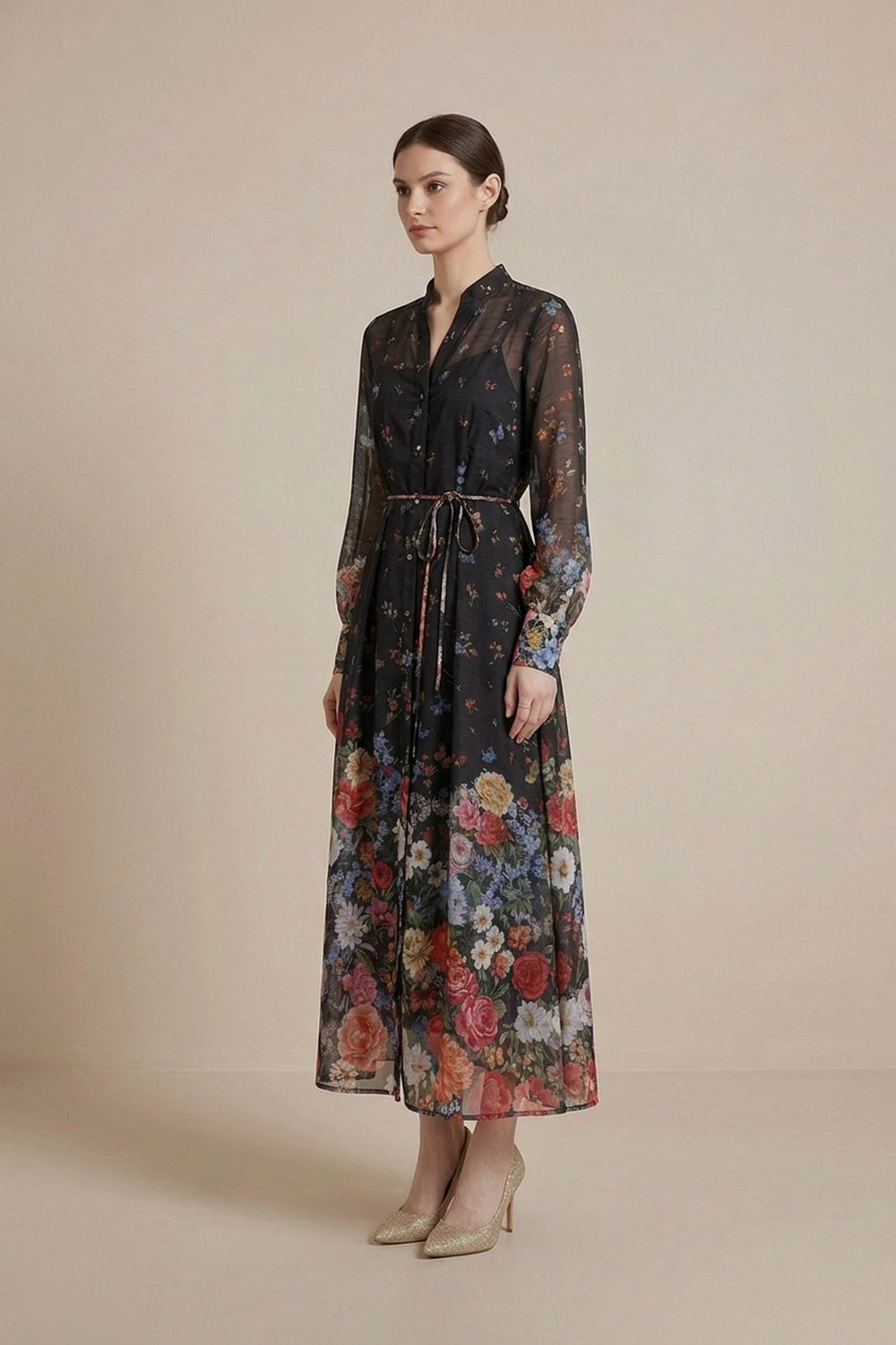 Black Sheer Chiffon A-Line Shirt Dress with Floral Print black sheer chiffon shirt dress - product view 5