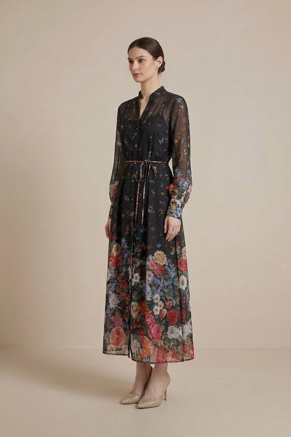 Black Sheer Chiffon A-Line Shirt Dress with Floral Print black sheer chiffon shirt dress - product view 5