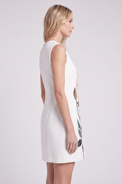 White Structured Crepe Shift Dress with Floral Embroidery white structured woven crepe dress - product view 5