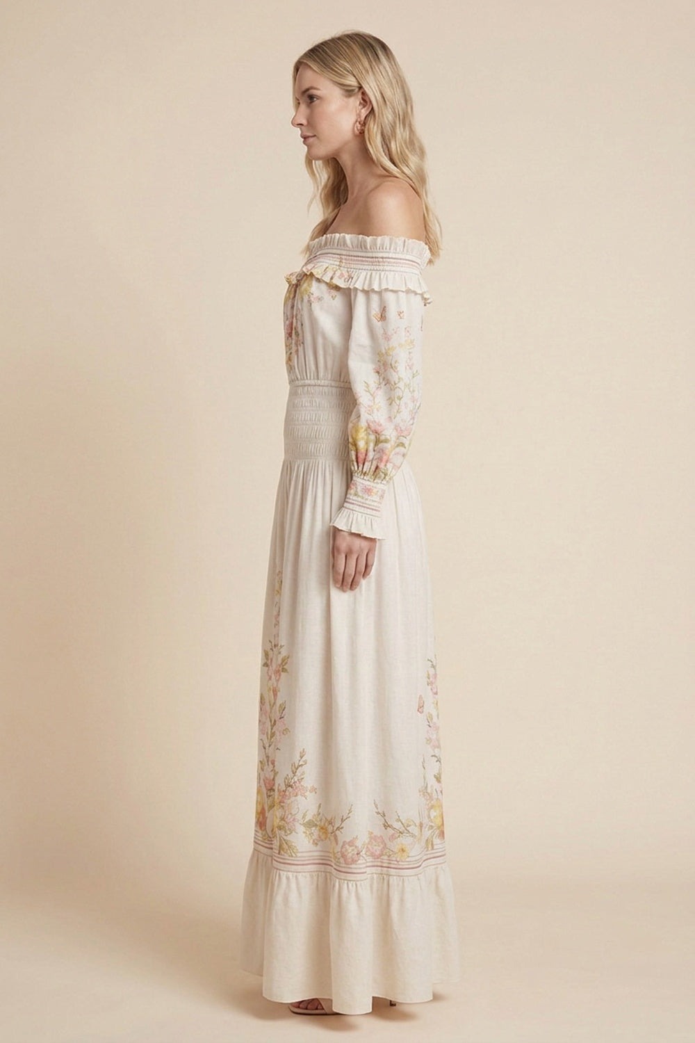 Cream A-Line Maxi Dress with Off-the-Shoulder Smocked Detail cream lightweight woven cotton or linen blend dress - product view 5