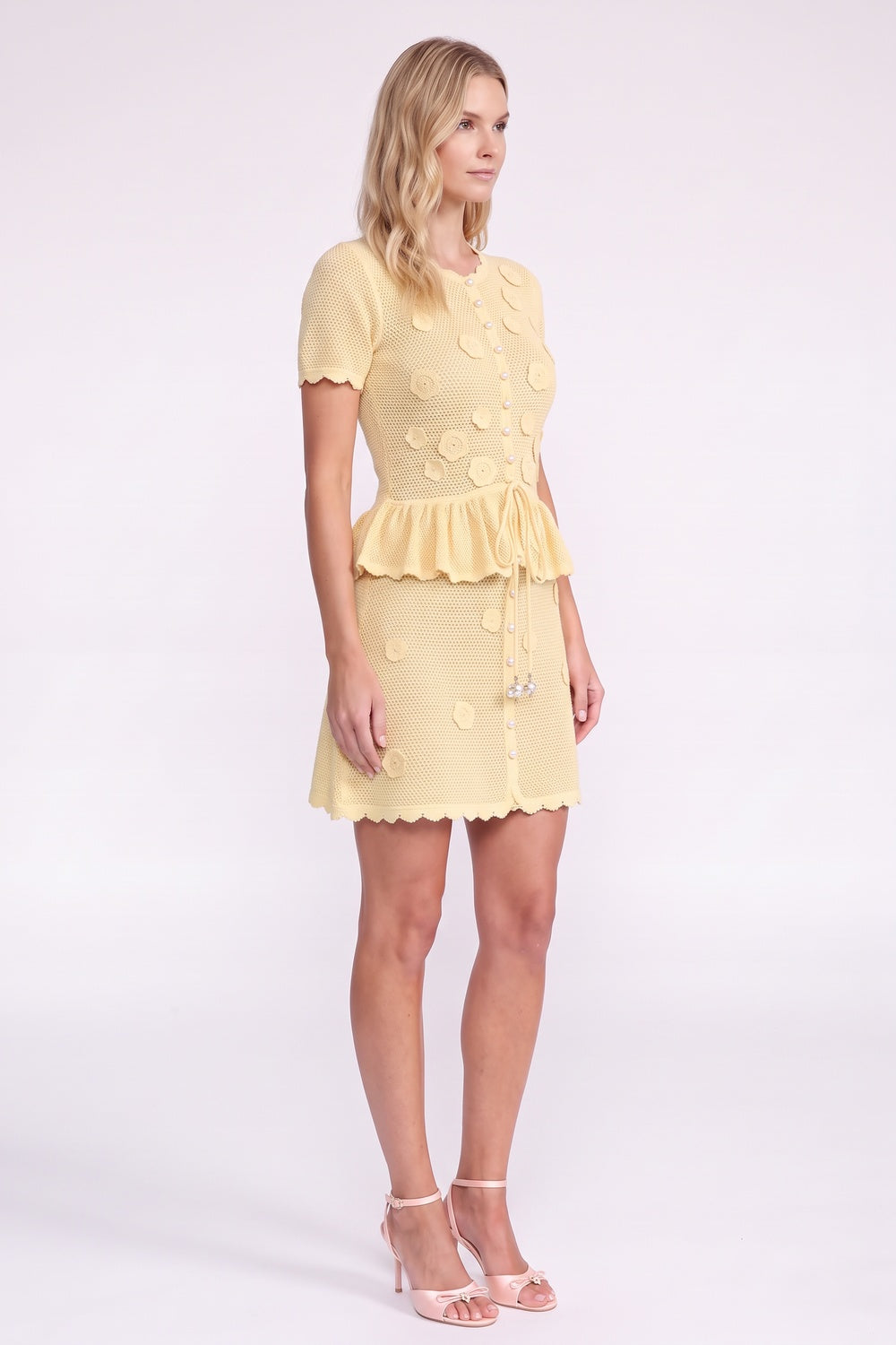 Pale Yellow Pointelle Knit Two-Piece Skirt Set with Peplum pale yellow pointelle knit two-piece skirt set - product view 5