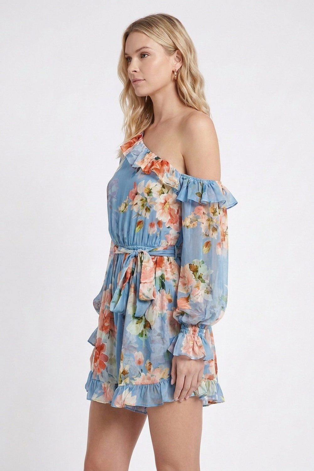 Light Blue Chiffon Asymmetric Blouson Romper with Floral Print light blue chiffon romper - product view 3