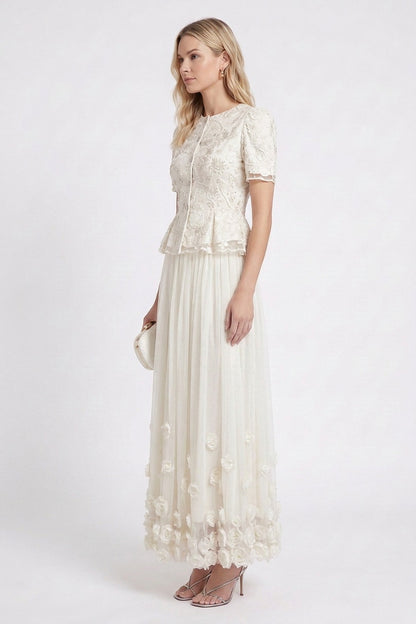 Off-White Embroidered Organza and Tulle Fitted Peplum Top with Flared A-Line Skirt Two-Piece Set off-white embroidered organza and tulle two-piece set - product view 5
