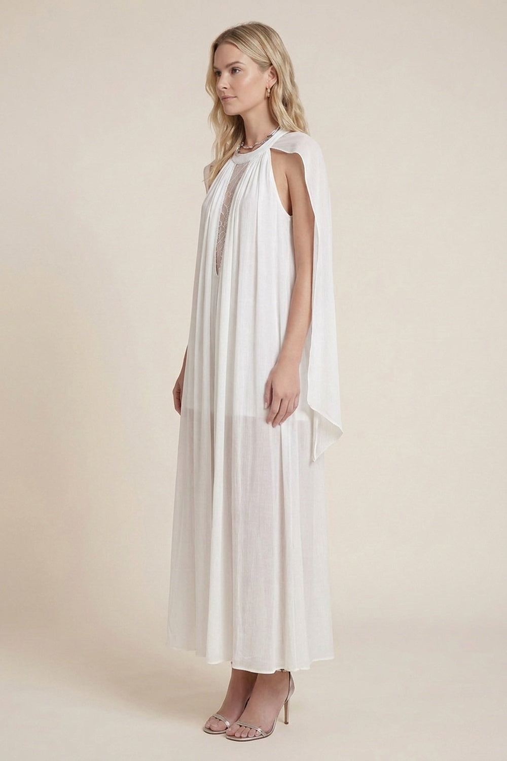 White Semi-Sheer Crinkle Chiffon A-Line Maxi Dress white lightweight semi-sheer crinkle chiffon dress - product view 5