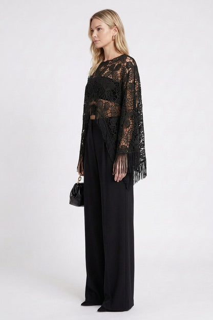 Black Guipure Lace Fringed Poncho Top black guipure lace poncho top - product view 5