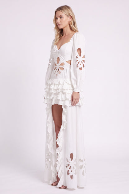 White Ruffle High-Low Cut-Out Midi Dress Premium Fabric - product view 6