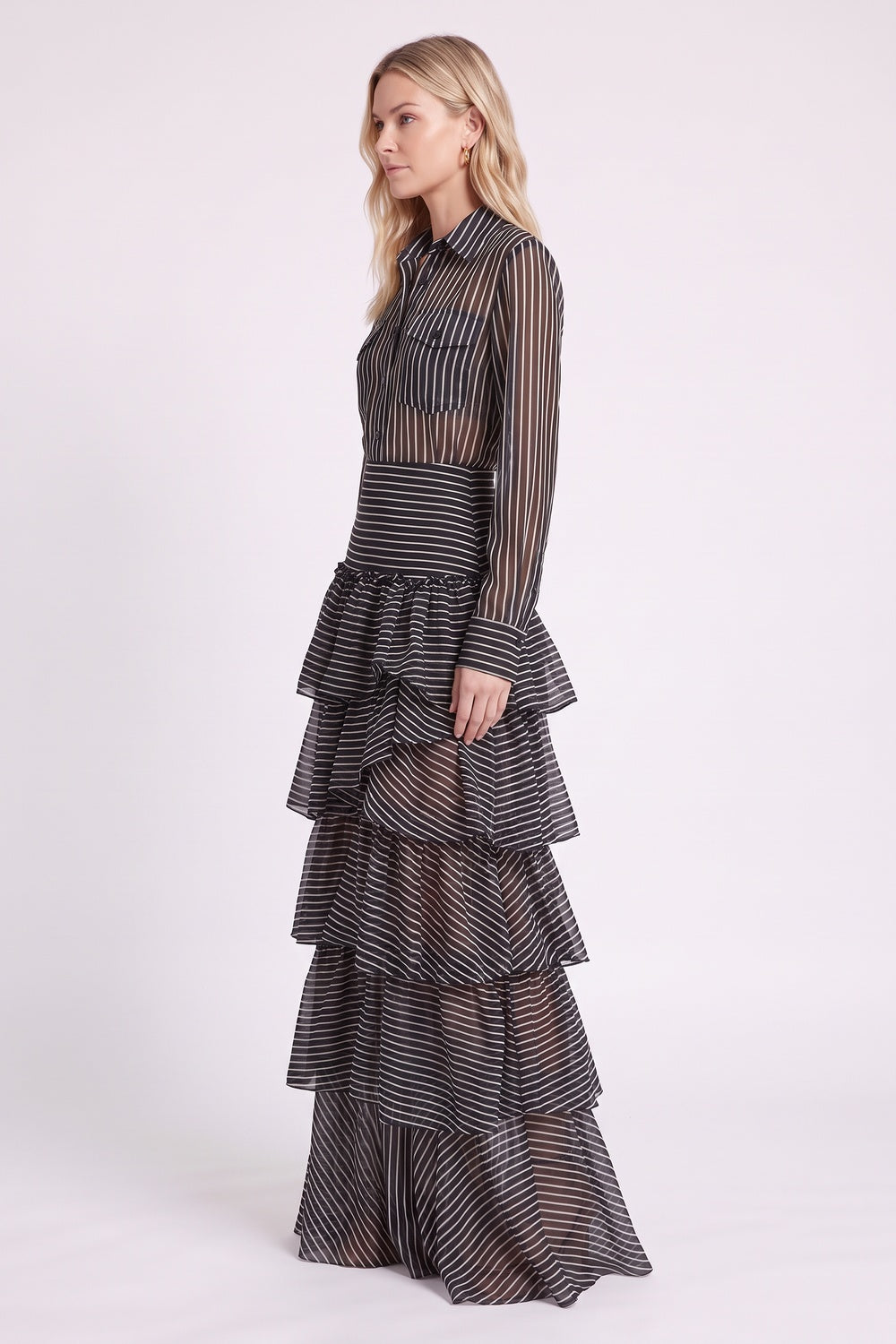 Black Sheer Chiffon Two-Piece Matching Set with Asymmetrical Tiered Skirt black, white sheer chiffon or organza two-piece matching set (shirt and skirt) - product view 5