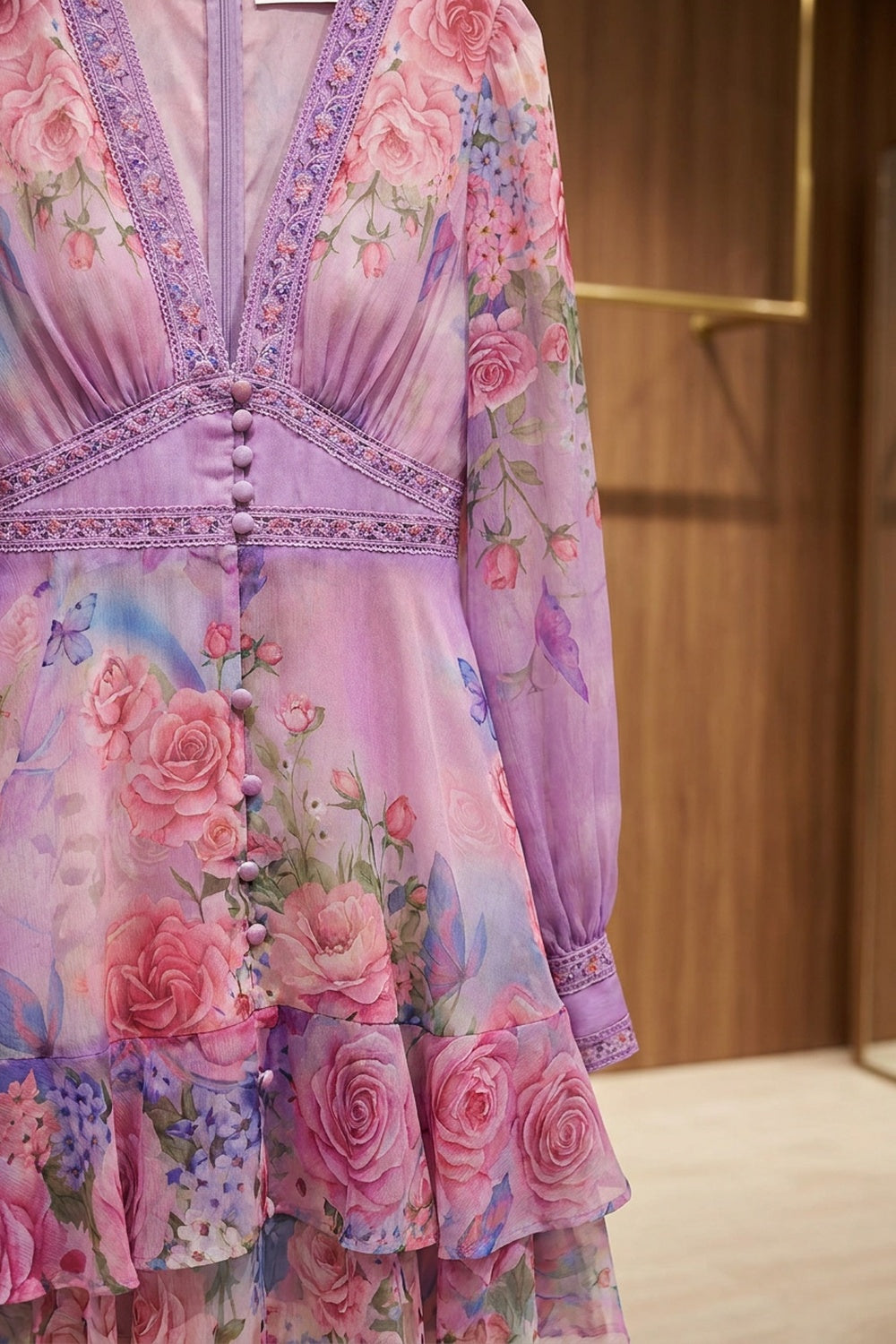 Lavender Chiffon Fit-and-Flare Floral Dress lavender, lilac, pink chiffon dress - product view 5