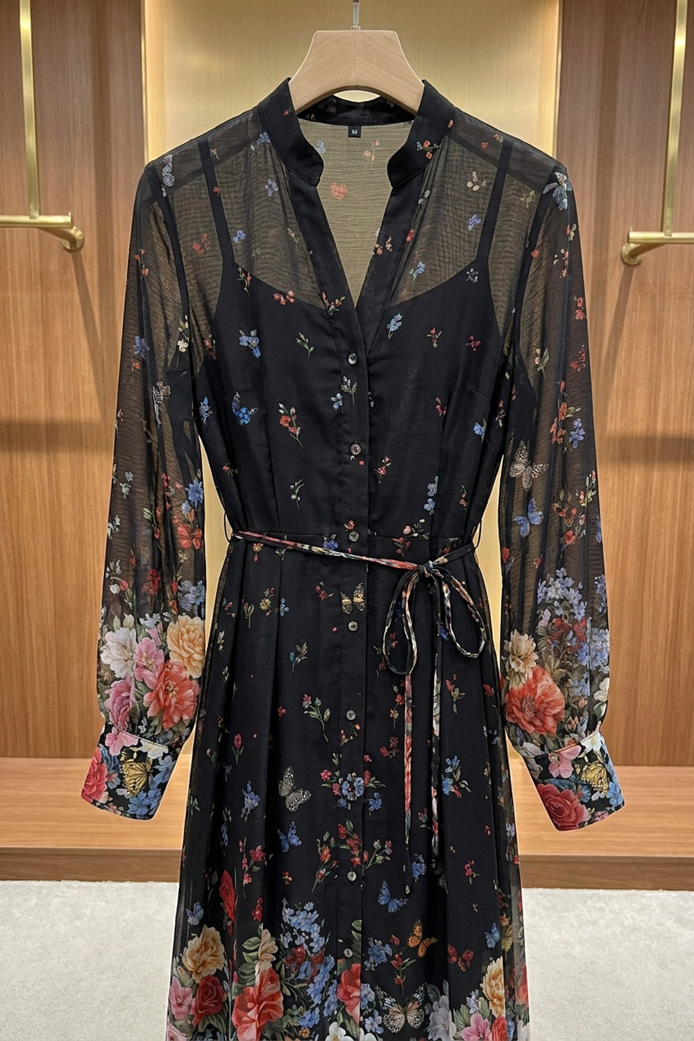 Black Sheer Chiffon A-Line Shirt Dress with Floral Print black sheer chiffon shirt dress - product view 6