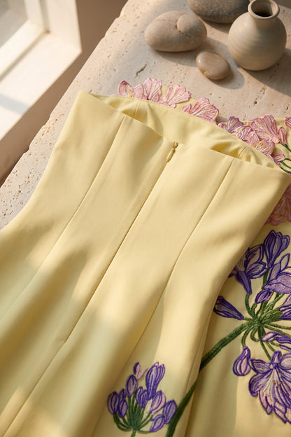 Pale Yellow Agapanthus Embroidery Mini Dress pale yellow structured woven fabric dress - product view 4