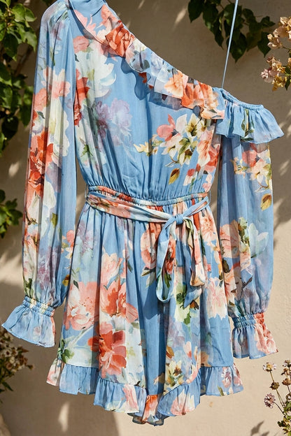 Light Blue Chiffon Asymmetric Blouson Romper with Floral Print light blue chiffon romper - product view 4