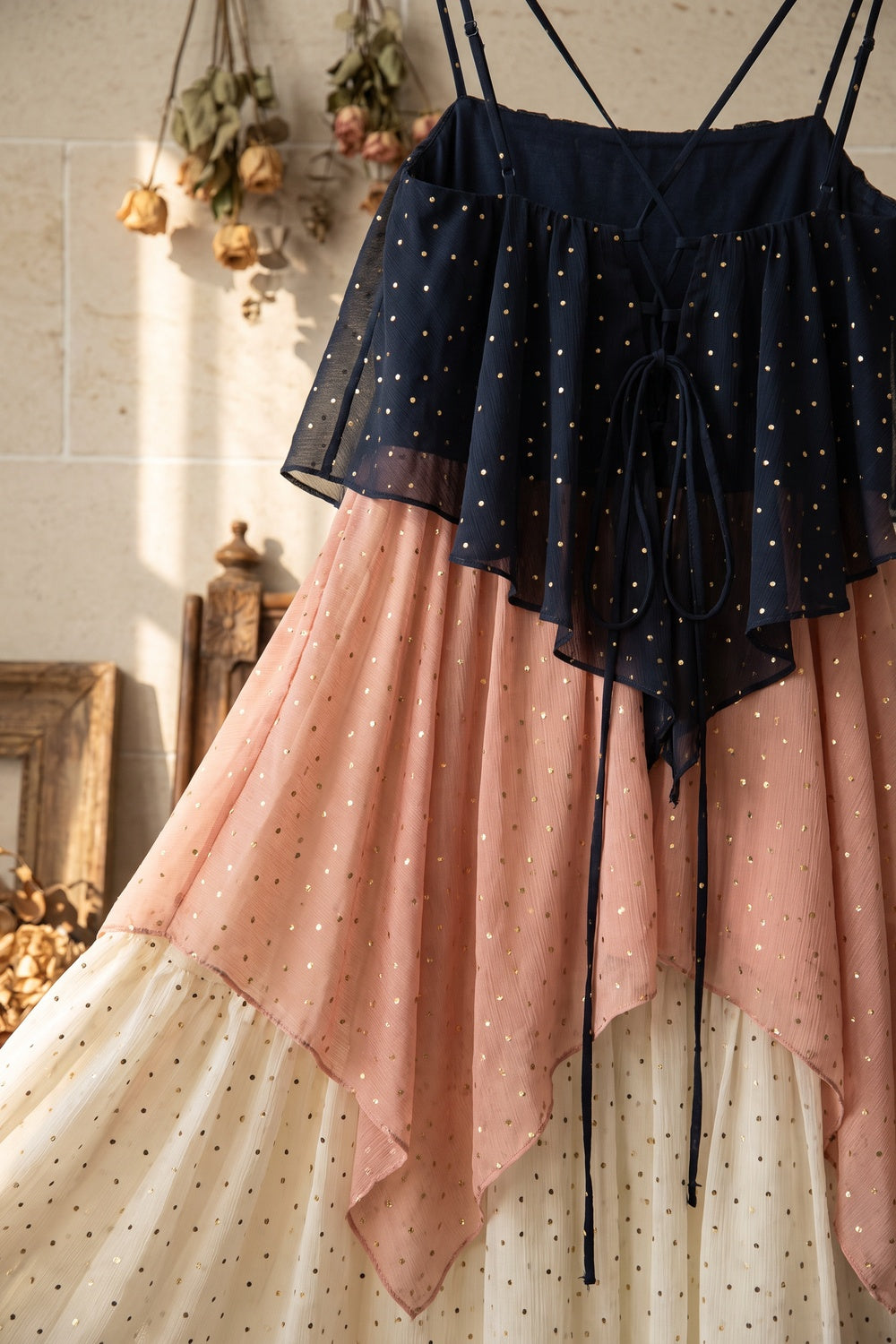 Navy Blue, Dusty Pink & Cream Chiffon A-Line Tiered Maxi Dress navy blue, dusty pink, cream chiffon dress - product view 6