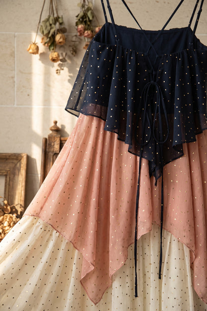 Navy Blue, Dusty Pink & Cream Chiffon A-Line Tiered Maxi Dress navy blue, dusty pink, cream chiffon dress - product view 6