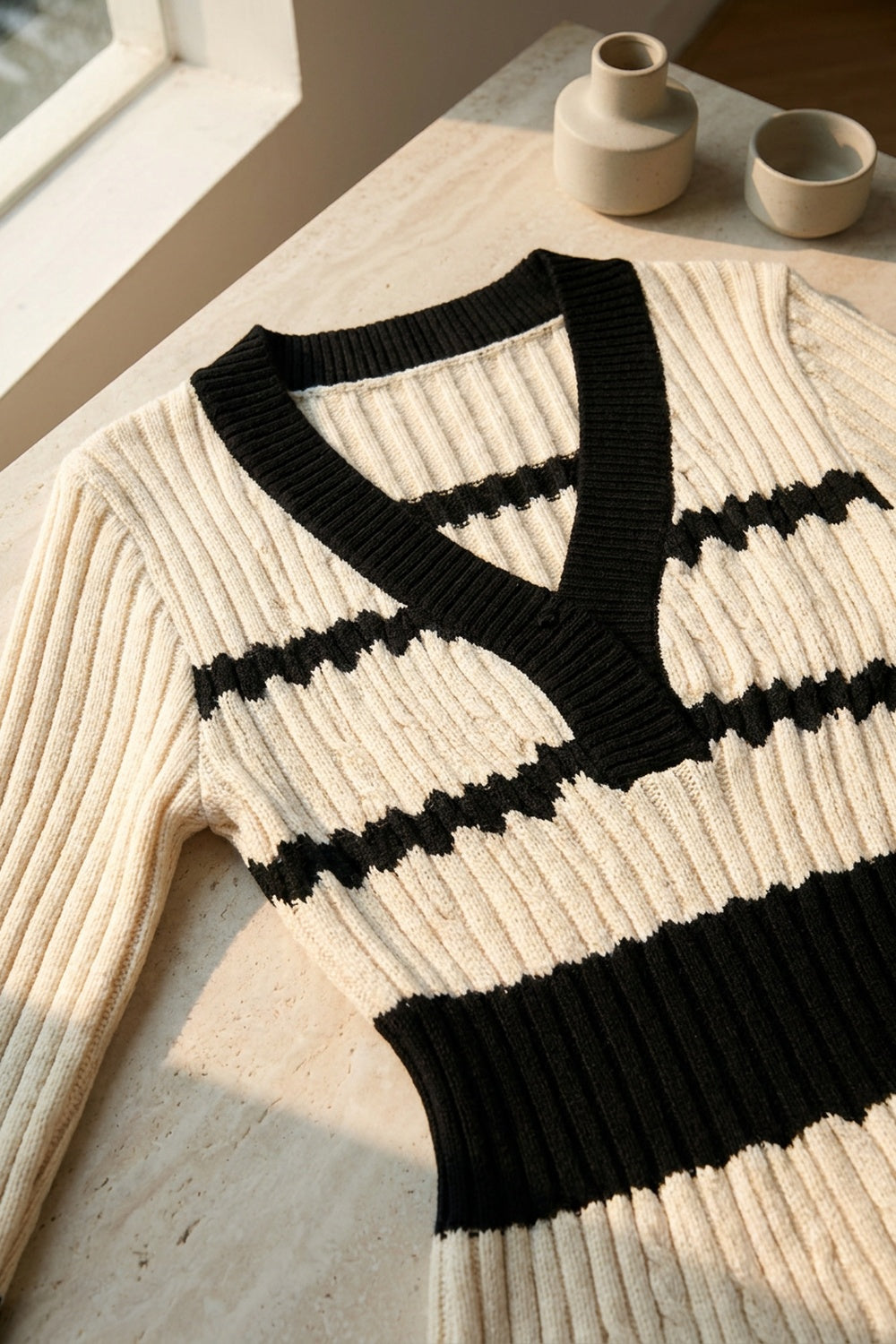 Cream & Black Ribbed Knit Bodycon Sweater Dress cream ribbed knit sweater dress - product view 6