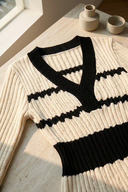Cream & Black Ribbed Knit Bodycon Sweater Dress cream ribbed knit sweater dress - product view 6