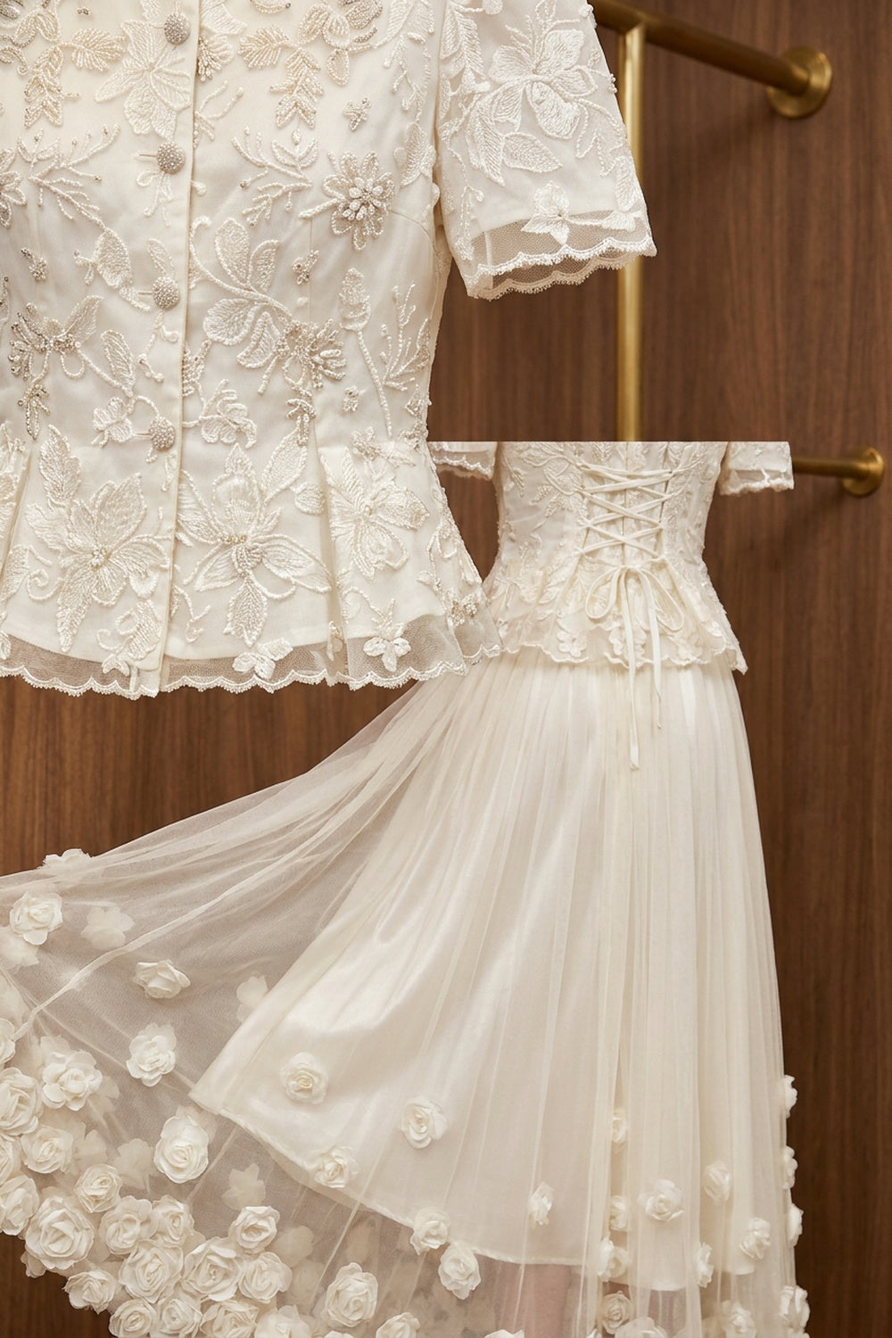 Off-White Embroidered Organza and Tulle Fitted Peplum Top with Flared A-Line Skirt Two-Piece Set off-white embroidered organza and tulle two-piece set - product view 6