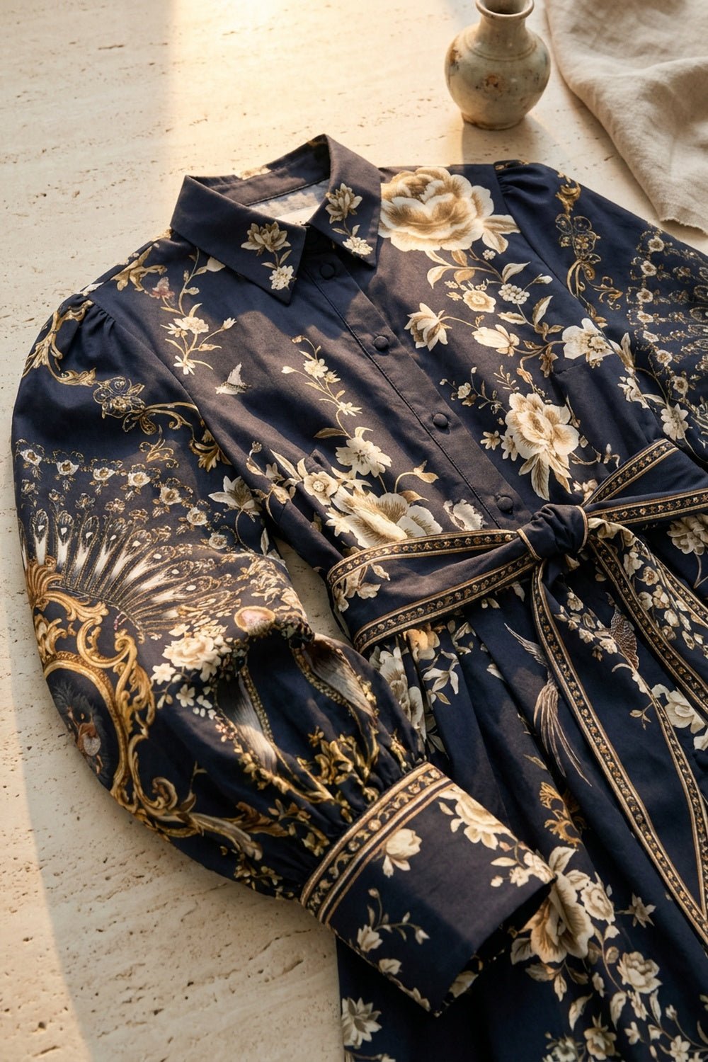 Navy Blue Baroque Print Fit-and-Flare Shirt Dress navy blue structured cotton poplin shirt dress - product view 6
