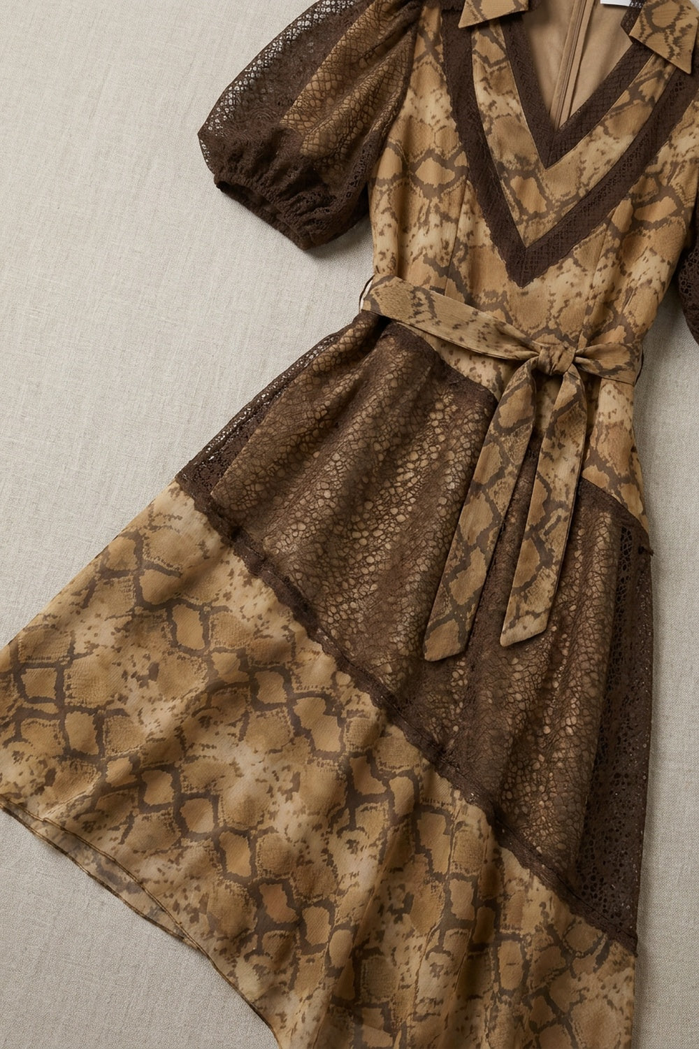 Beige Chiffon A-Line Asymmetric Tiered Snakeskin Midi Dress beige, brown, tan chiffon dress - product view 6