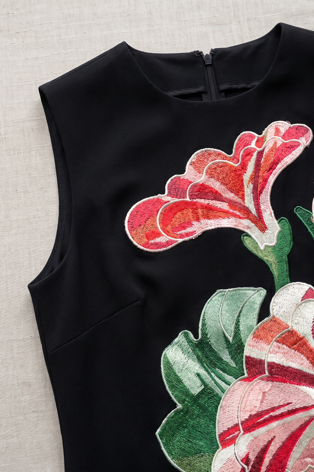 Black Structured Woven Crepe A-Line Mini Dress with Large-Scale Floral Applique black structured woven crepe dress - product view 6