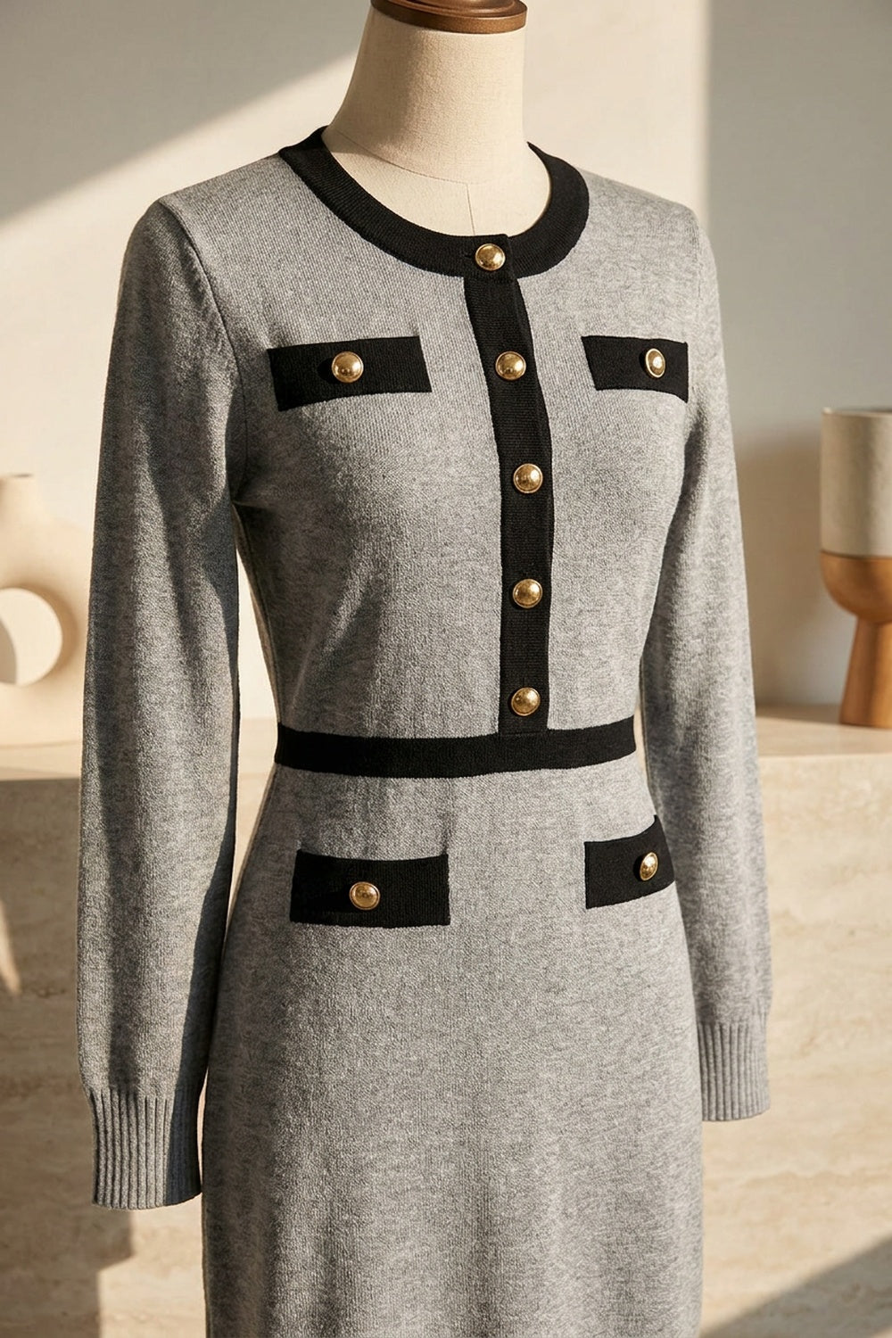 Heather Grey Fine-Knit Sheath Dress with Black Trim heather grey fine knit dress - product view 6
