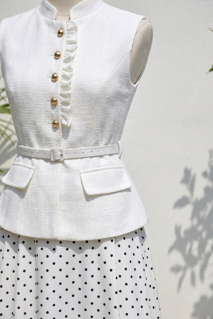 White Structured Woven Fitted Peplum Top & Flared A-Line Midi Skirt Two-Piece Set white structured woven cotton-blend two-piece set - product view 5