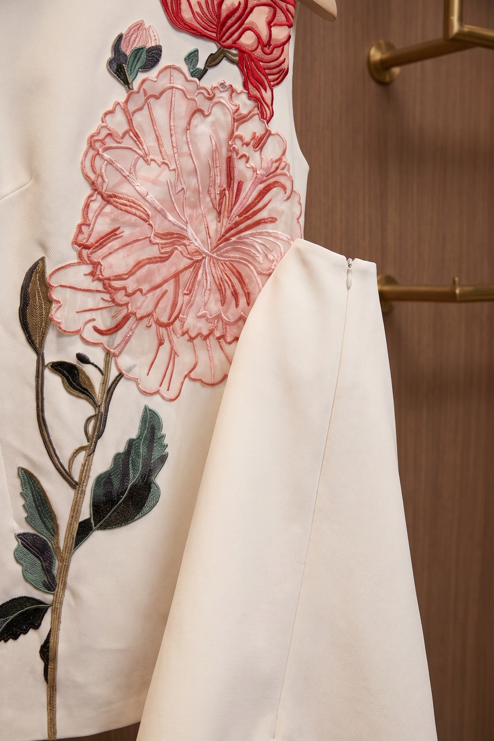 White Structured Crepe Shift Dress with Floral Embroidery white structured woven crepe dress - product view 6