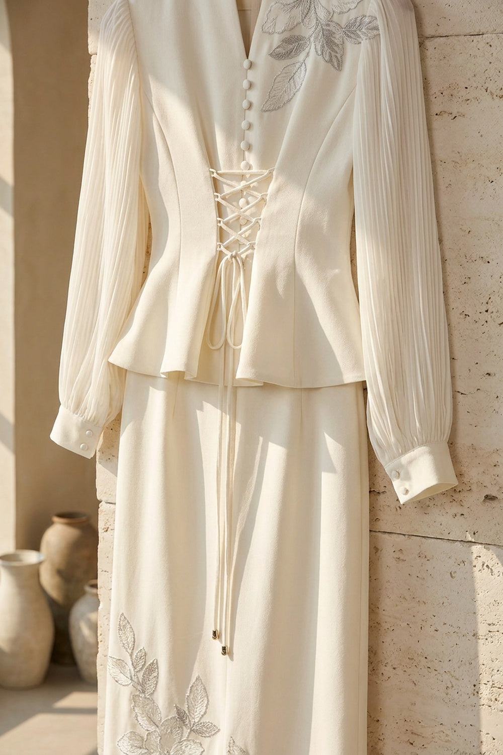 Off-White Structured Crepe Peplum Top & Column Maxi Skirt Two-Piece Set off-white structured crepe two-piece set - product view 6